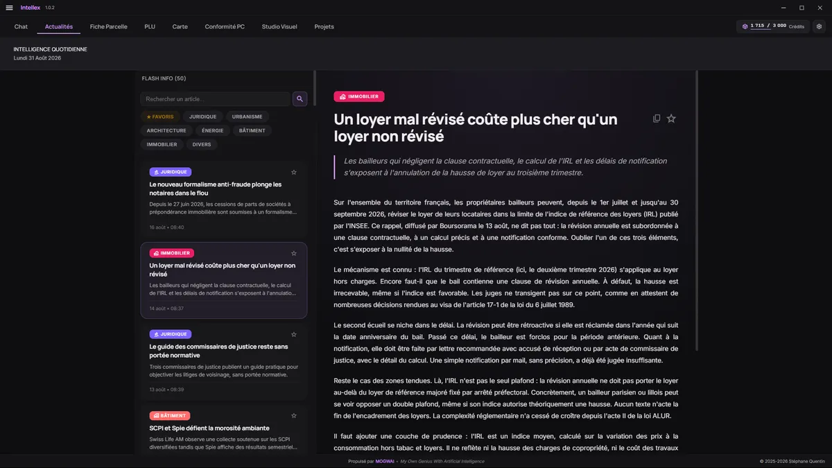 Capture d'écran des actualités Intellex : flux d'articles juridiques et immobiliers classés par thème, avec un article ouvert sur la révision du loyer selon l'IRL