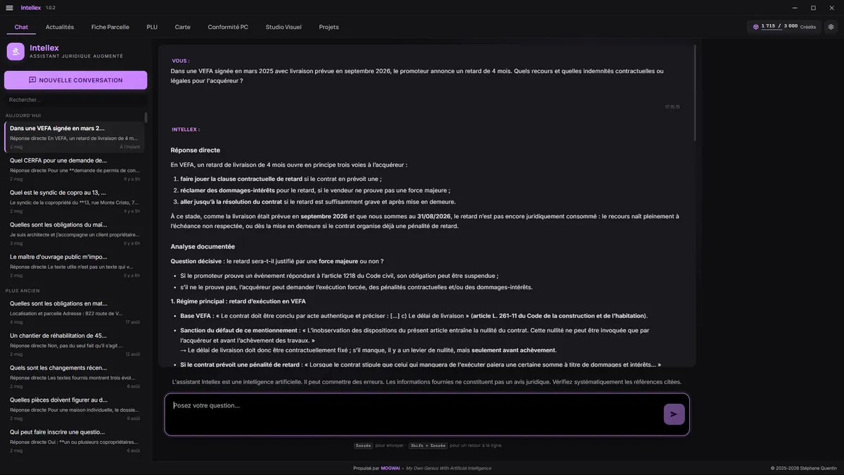 Capture d'écran de l'assistant juridique Intellex répondant à une question sur les recours d'un acquéreur en cas de retard de livraison en VEFA, avec citations des articles du Code civil et du Code de la construction et de l'habitation