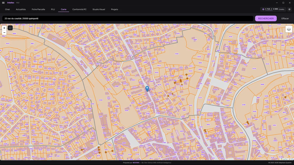 Capture d'écran de la carte parcellaire Intellex à Quimperlé, avec les limites cadastrales et les parcelles voisines