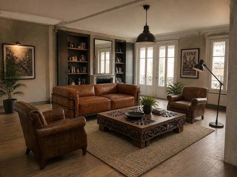 Même salon après remplacement global par le mode Composition du studio visuel Intellex : les deux fauteuils remplacés par des fauteuils club en cuir marron
