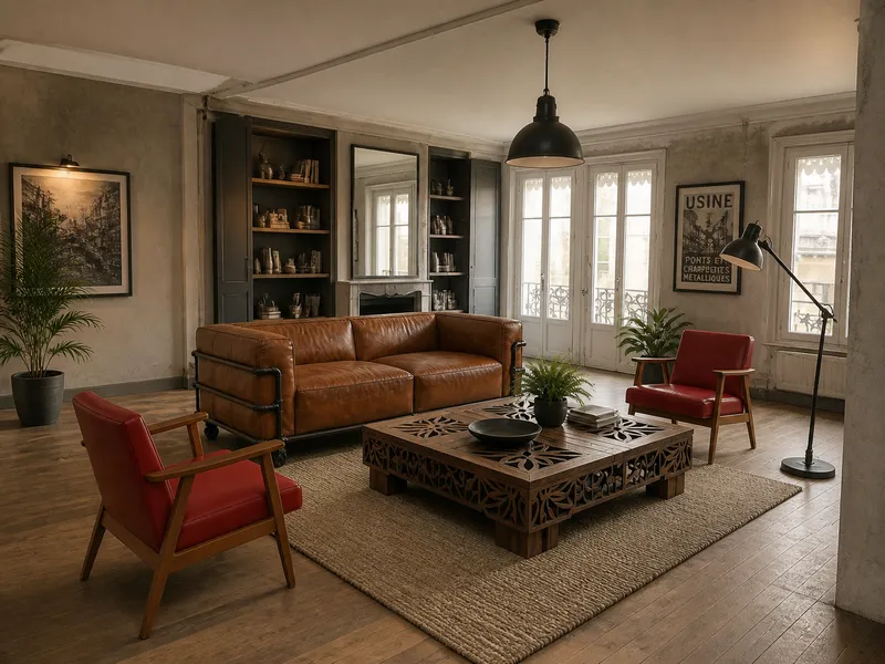 Photo d'un salon avec deux fauteuils en cuir rouge avant remplacement global par le mode Composition du studio visuel Intellex