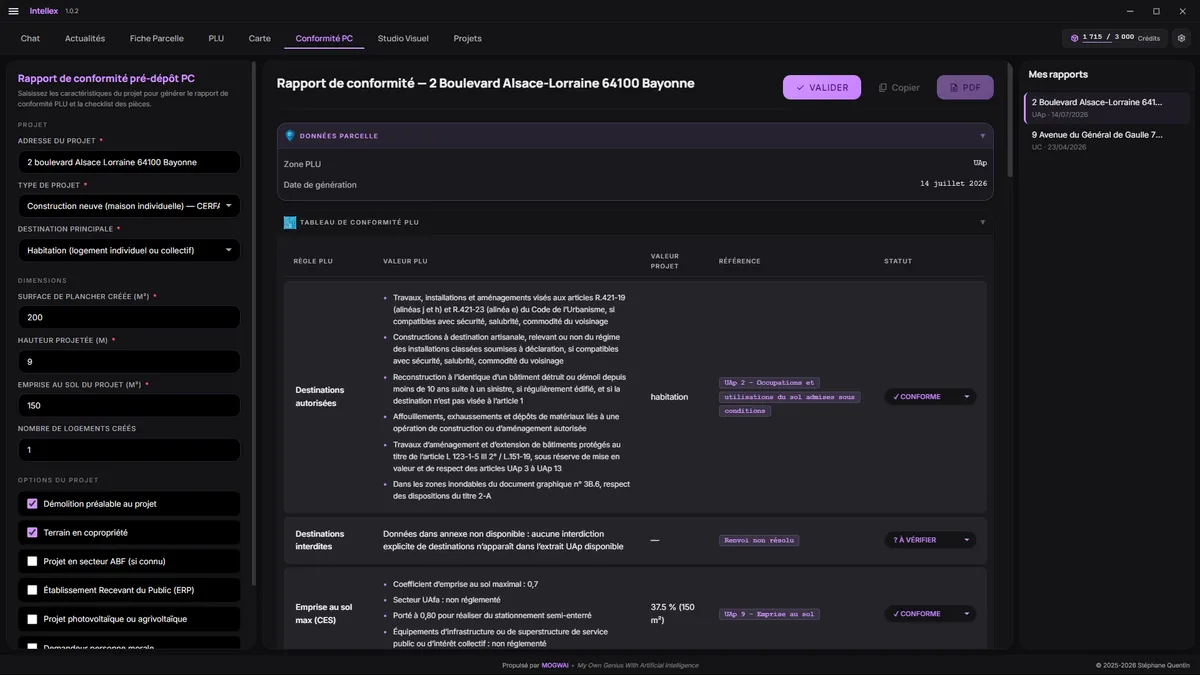 Capture d'écran du rapport de conformité PC Intellex pour un projet à Bayonne, avec tableau de conformité PLU détaillant destinations autorisées et emprise au sol