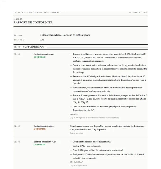 Extrait du rapport de conformité PC Intellex exporté en PDF, détaillant les règles de conformité PLU