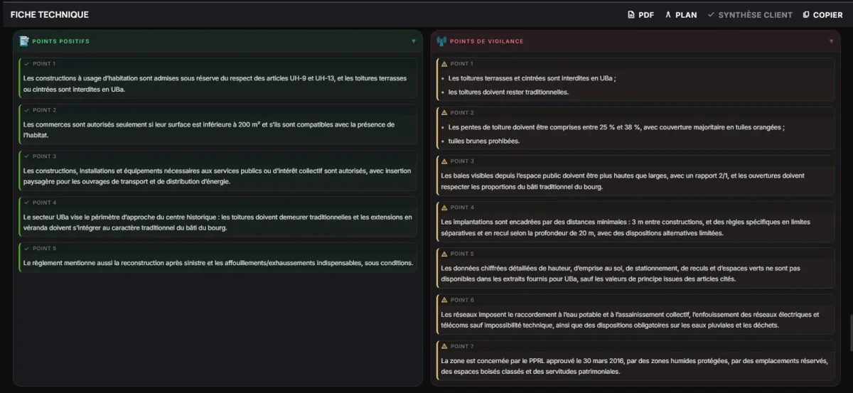 Capture d'écran du résumé décisionnel de la fiche parcelle Intellex, avec les points positifs et les points de vigilance d'une parcelle en zone UBa