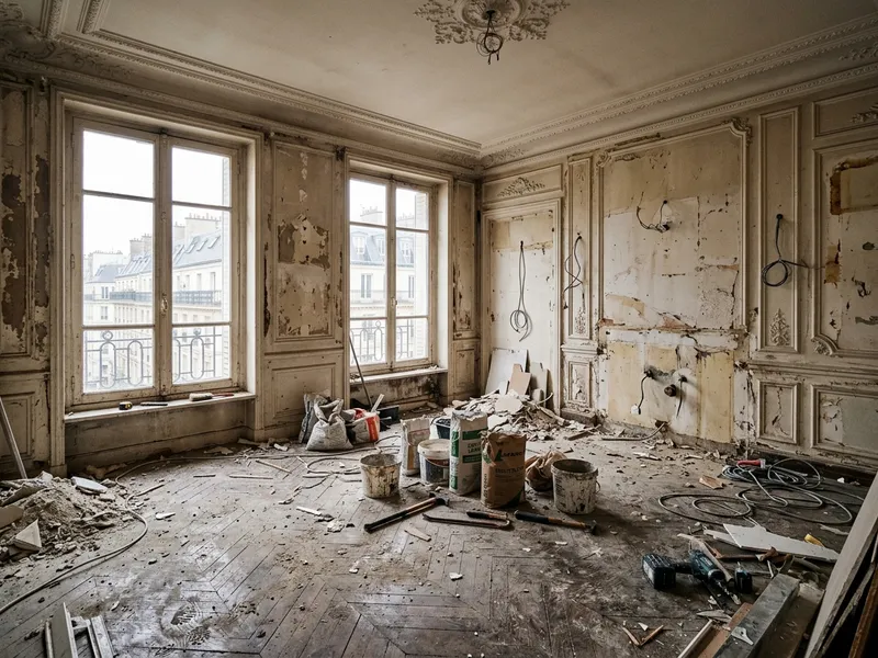 Photo d'une pièce haussmannienne en chantier avant homestaging par le studio visuel Intellex
