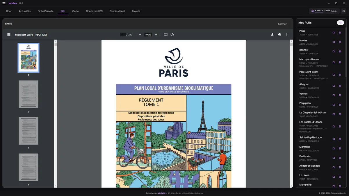 Capture d'écran du module PLU Intellex : règlement du PLU bioclimatique de Paris ouvert dans le lecteur intégré, avec la liste des PLU sauvegardés en bibliothèque